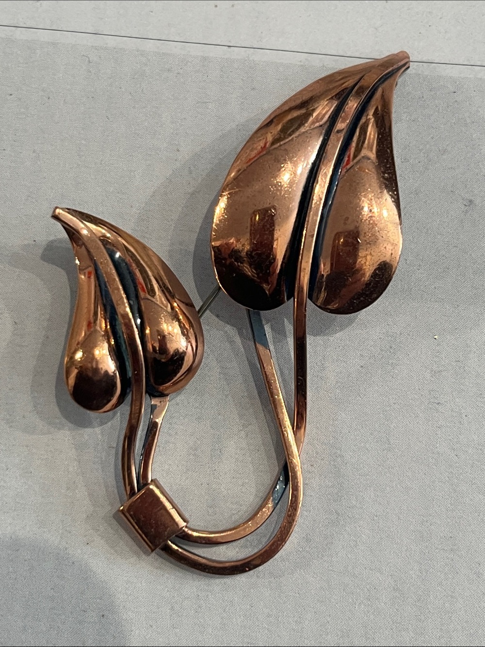 Renoir signed vintage Copper Leaf Brooch - Sculptural Double Leaf Design